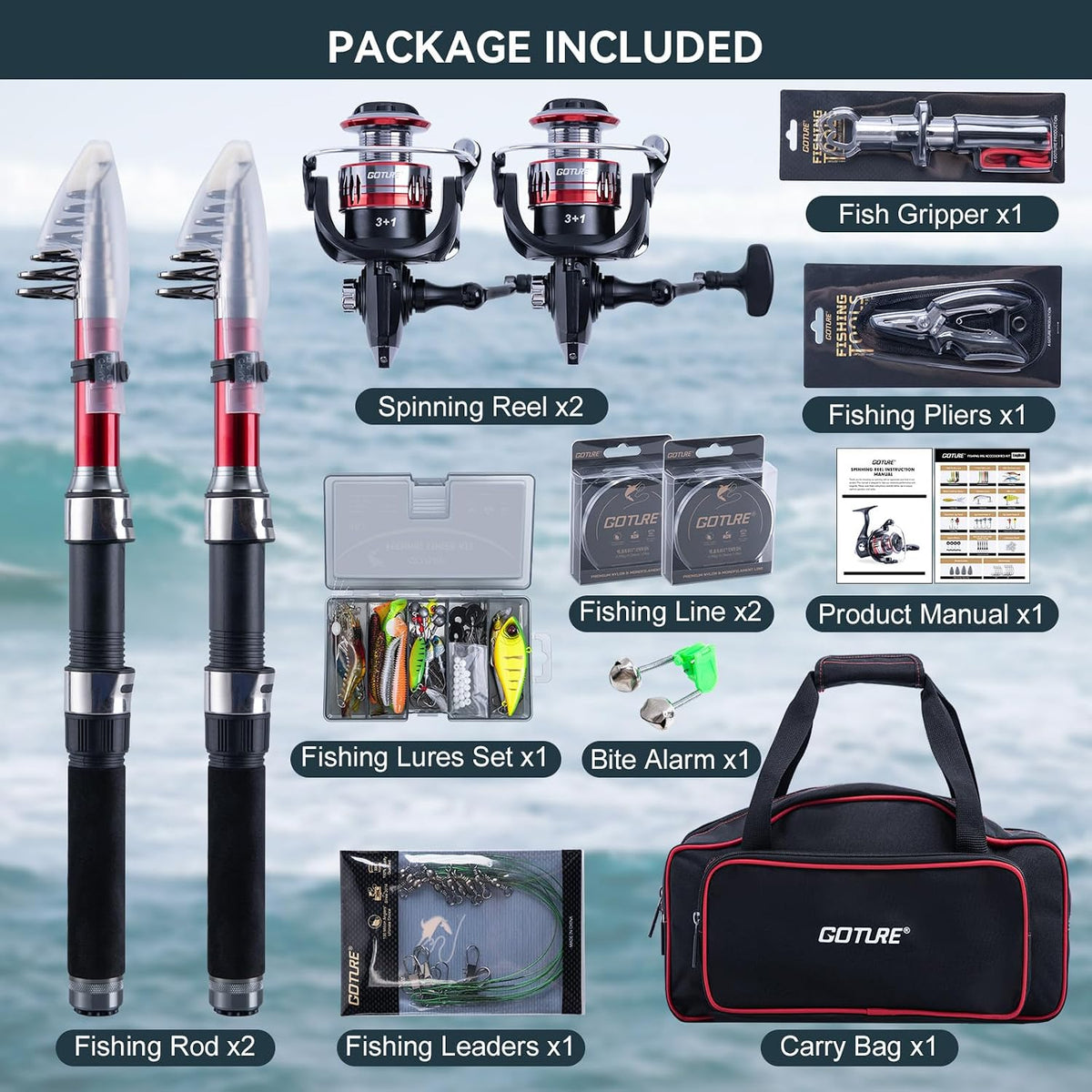 Goture Paquete de 2 cañas de pescar y carrete combinado con bolsa de
