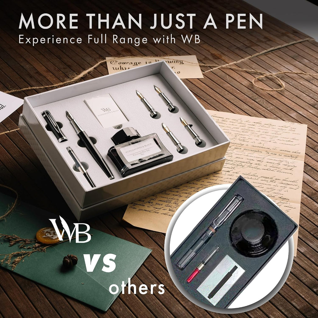 Wordsworth & Black Juego de regalo de pluma estilográfica, incluye botella de tinta, 6 cartuchos de tinta y un convertidor de recarga, 4 plumillas de repuesto, paquete premium, para diario, caligrafía