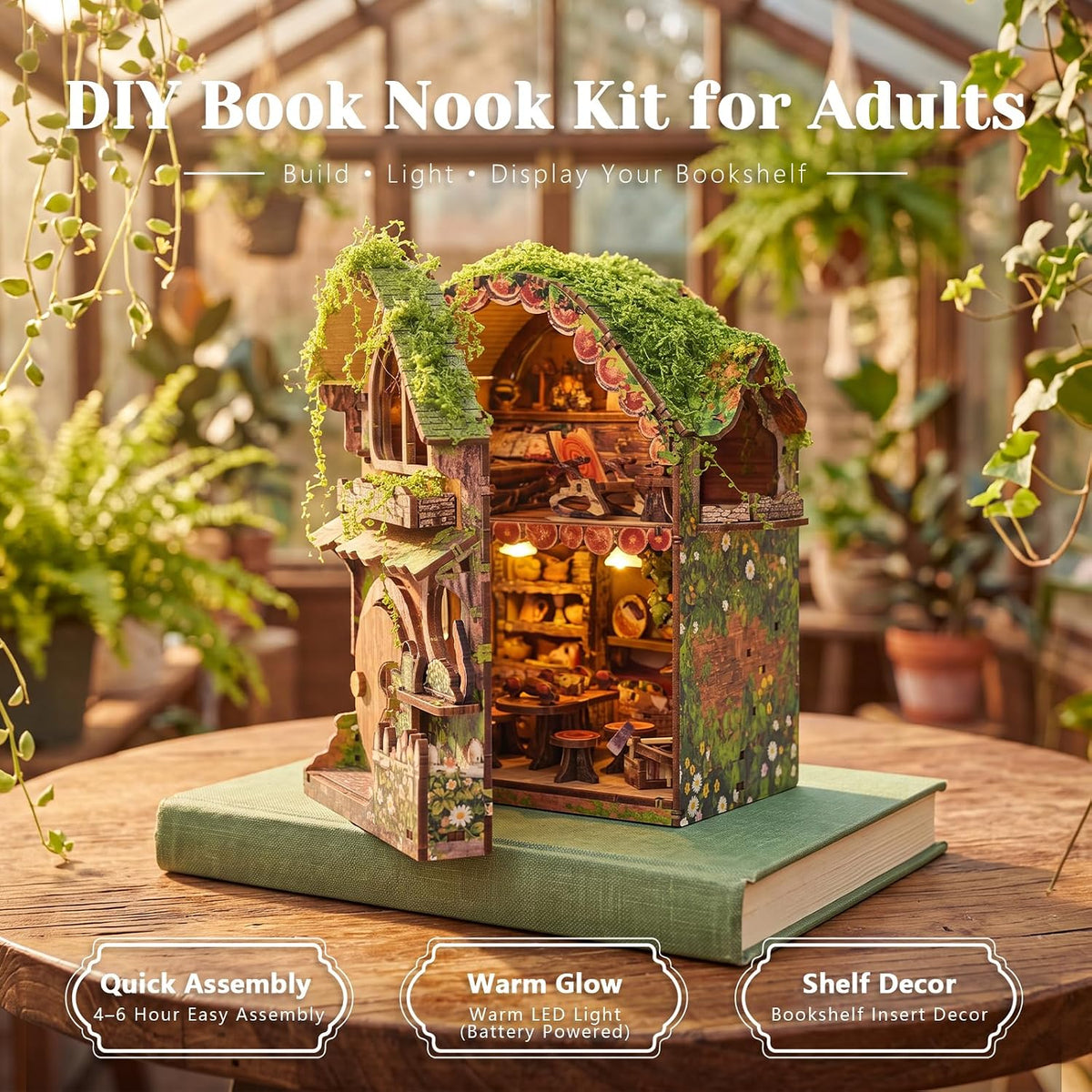 Kit de rincón de libro de invernadero con luz, casa miniatura de