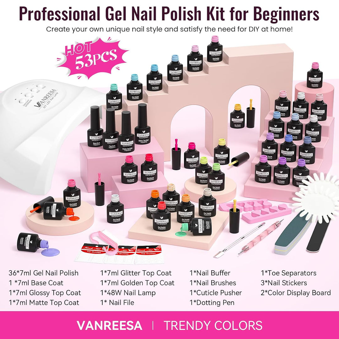 VANREESA Kit de esmalte de uñas de gel con luz UV, 53 piezas, juego...