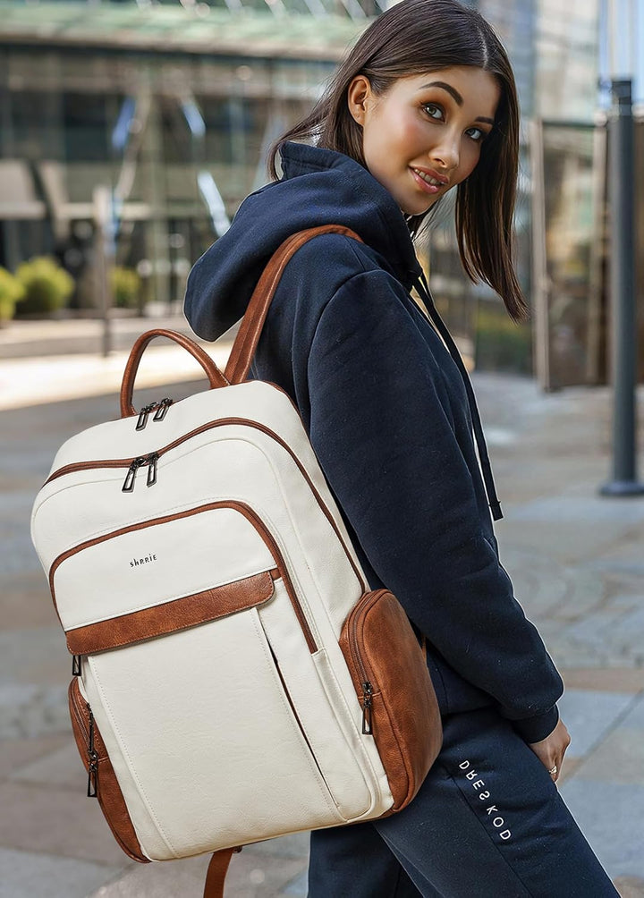 Shrrie Mochila de cuero para computadora portátil para mujer con 17...