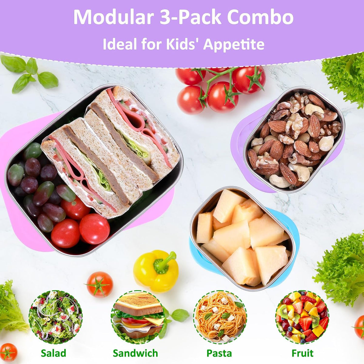 Caperci Paquete de 3 recipientes de alimentos de acero inoxidable