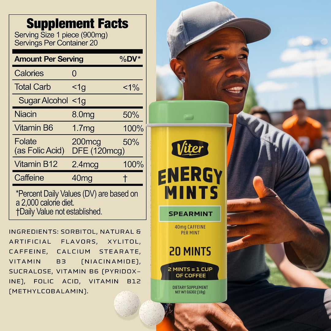 Viter Energy 40mg Mentas de cafeína - Sin azúcar, vitaminas B, vega...