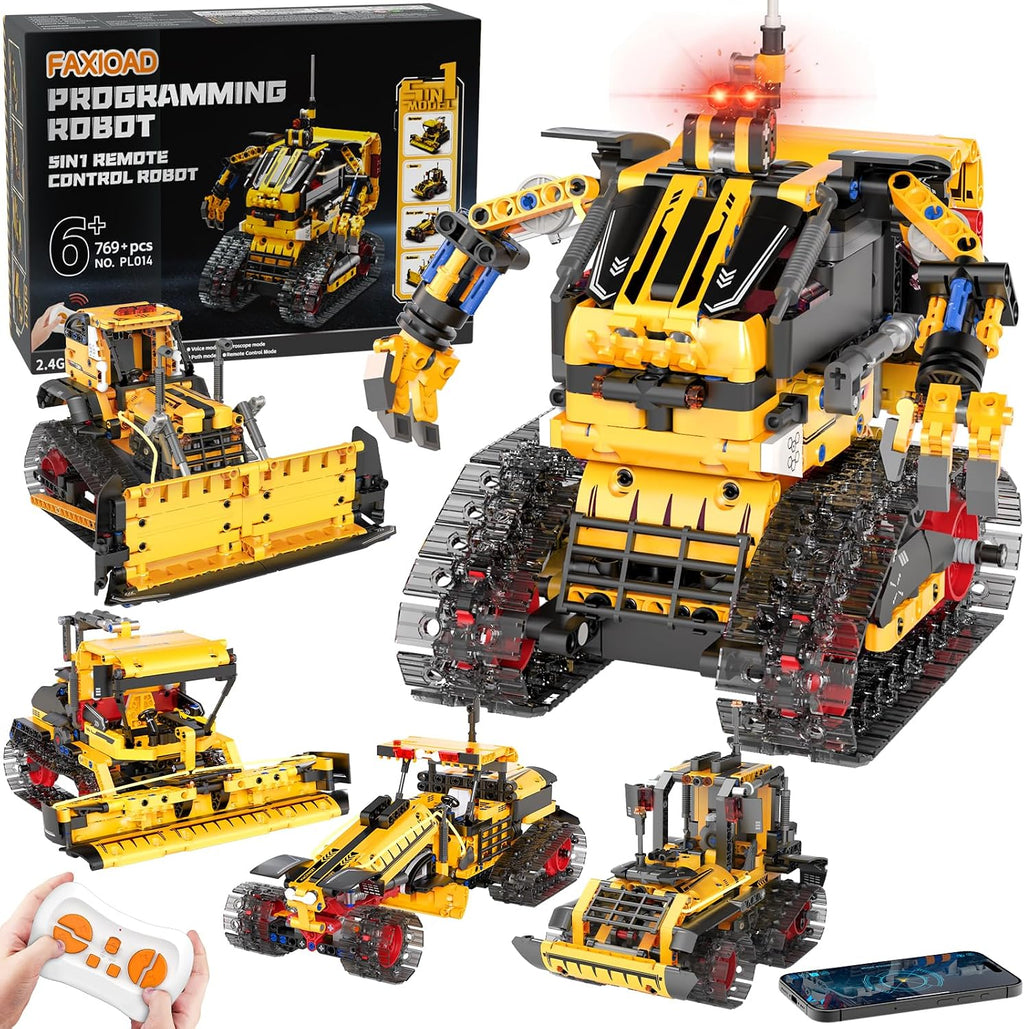 Kits de construcción de robot STEM 5 en 1 para niños de 6 a 12 años, aplicación y control remoto STEM Bulldozer Robot Juguetes de construcción para niños de 8 a 13 años