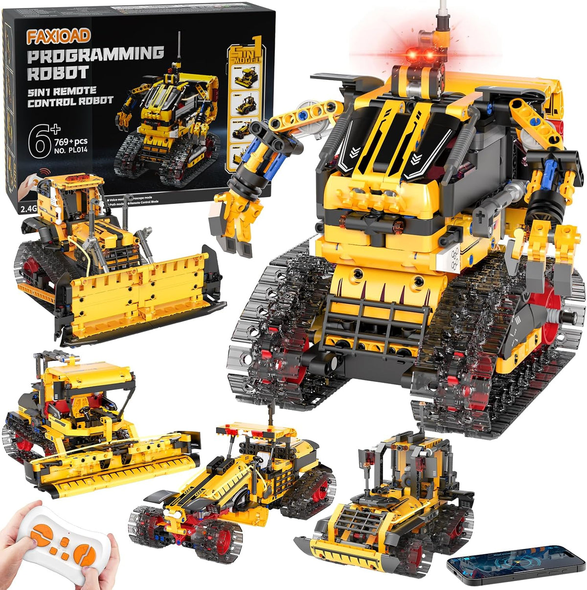 Kits de construcción de robot STEM 5 en 1 para niños de 6 a 12 años, aplicación y control remoto STEM Bulldozer Robot Juguetes de construcción para niños de 8 a 13 años