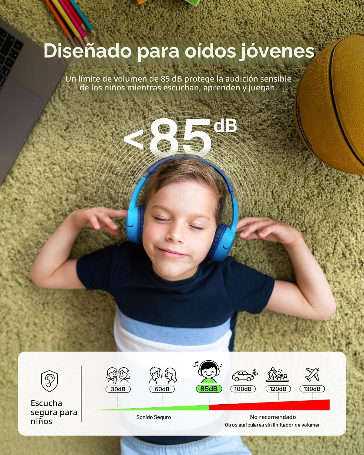 Belkin SoundForm Mini - Auriculares inalámbricos Bluetooth para niños, batería de 30 horas, límite de volumen seguro de 85 dB, micrófono integrado, auriculares para niños pequeños para iPhone, iPad