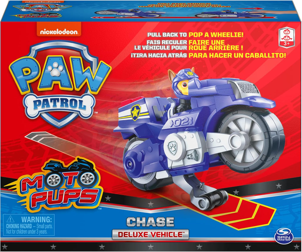 Paw Patrol, Moto Pups Deluxe de Chase, vehículo de motocicleta de tracción que hace piruetas y figura de juguete