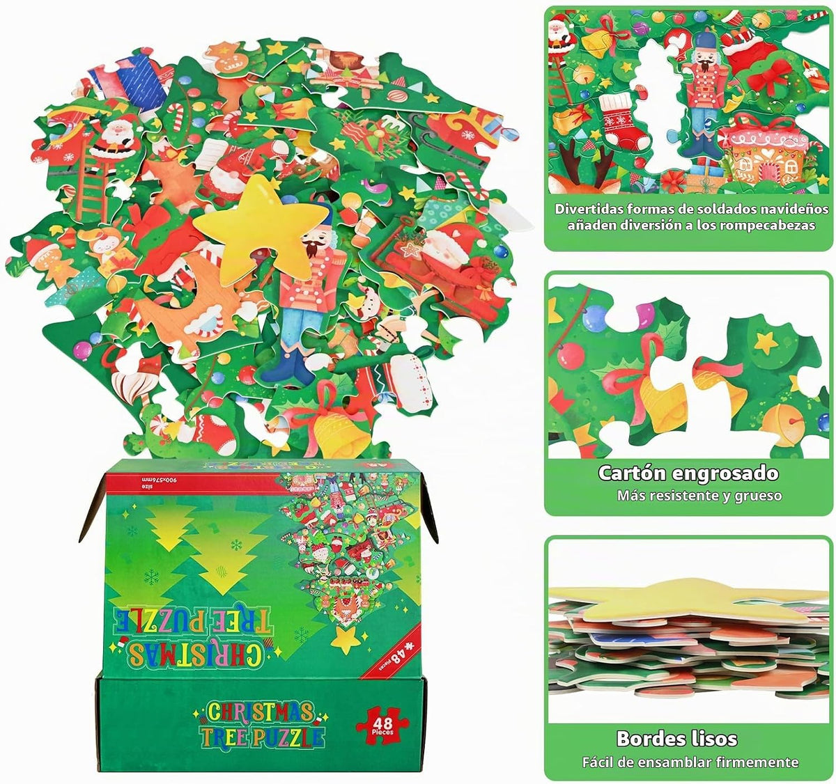 Gatherfun - Rompecabezas de piso de Navidad para niños de 3 a 5 años con 48 piezas grandes, rompecabezas de piso en forma de árbol de Navidad para decoraciones de fiestas, regalos y actividades en el aula