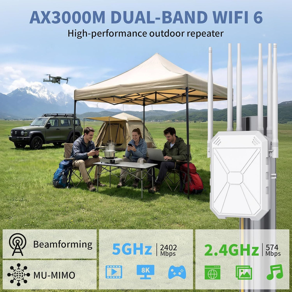 AX3000 Extensor WiFi para exteriores, doble banda 5G+2.4G Extensor de largo alcance para exteriores con POE, punto de acceso inalámbrico Wi-Fi 6, repetidor inalámbrico al aire libre