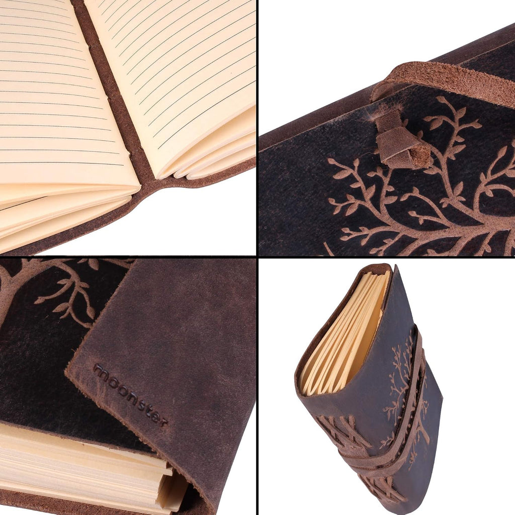 moonster Diario de cuero rayado – Diario de árbol de la vida en relieve para mujeres, 7 x 5 pulgadas, cuadernos de dibujo con papel de diario forrado – Diarios de cuero con rayas universitarias para