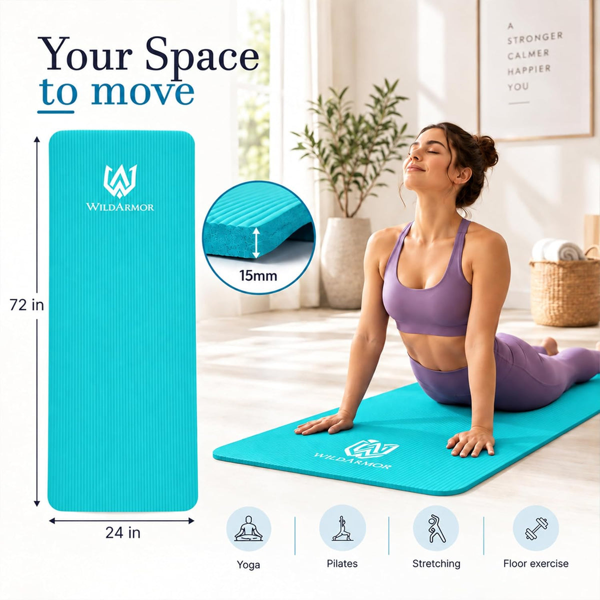 Tapete de yoga extra grueso, antideslizante de 0.591 in NBR, 72 x 24 pulgadas, viene con bola de masaje TPE y cronómetro digital, alfombrilla de entrenamiento para ejercicio en casa, fitness, pilates