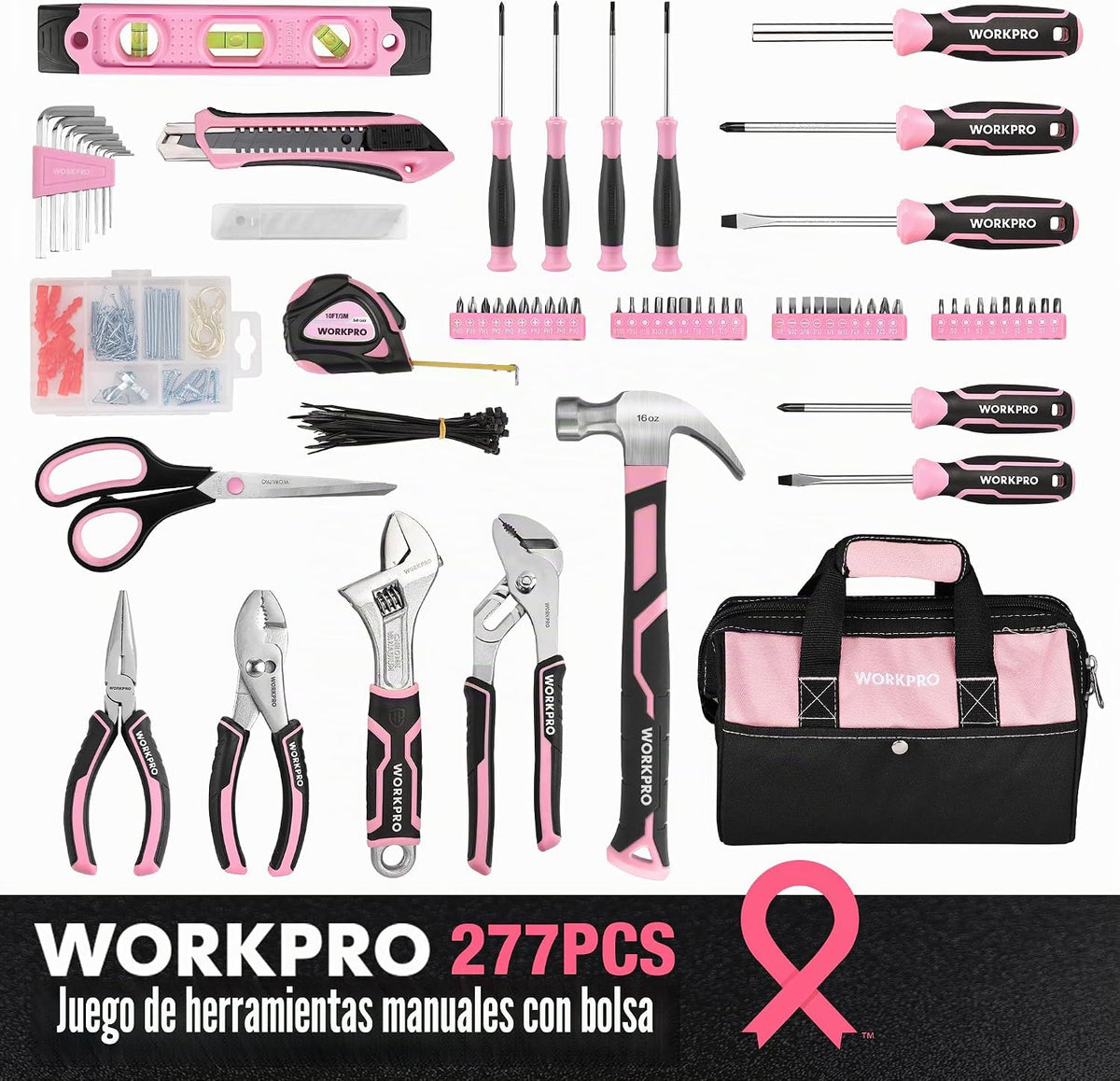 WORKPRO Juego de herramientas rosa de 277 piezas, kit de herramientas de