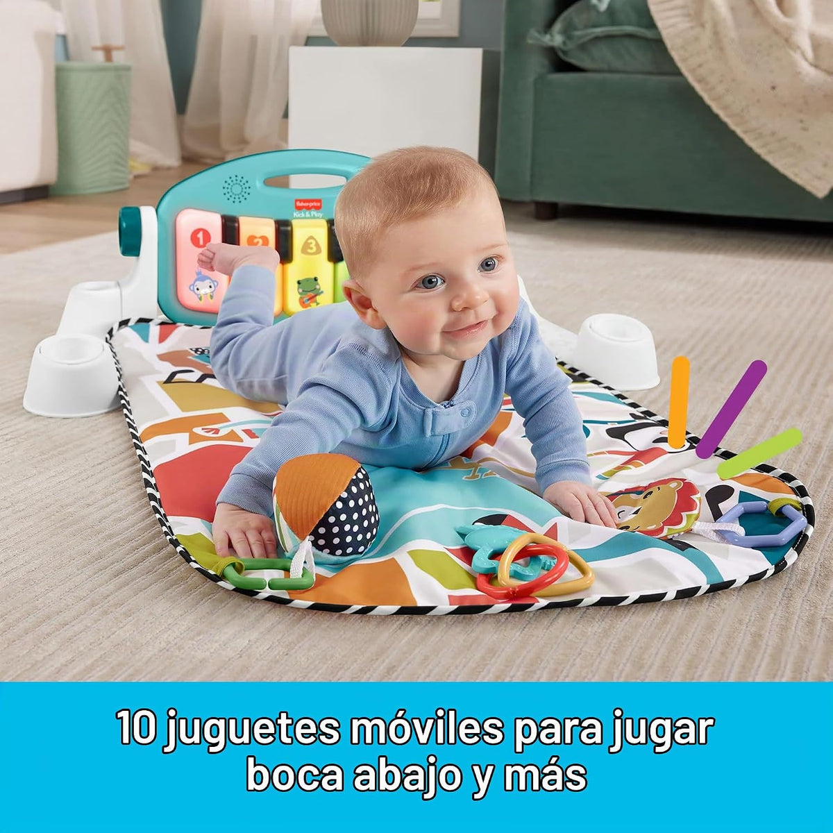 Fisher-Price Alfombra de juego para bebés Glow and Grow Kick & Play Piano Gym, juguete de aprendizaje musical azul con actividades de desarrollo para recién nacidos a partir de 0 meses