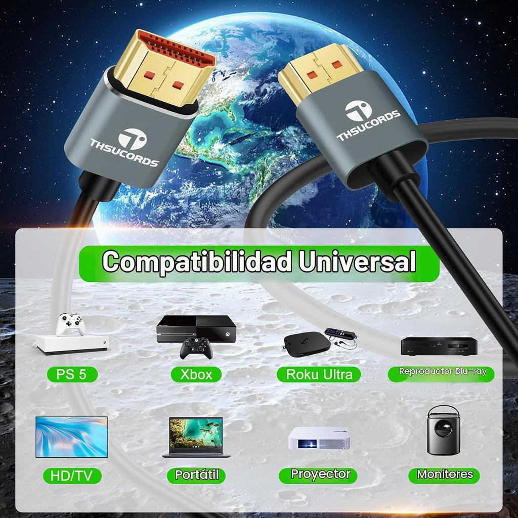 Paquete de 2 cables HDMI 8K 4K ultra finos de 15 pies, delgado y flexible, suave de alta velocidad, compatible con cable HDMI 2.1 4K @120Hz 8K @60Hz 48Gbps para Roku TV/HDTV/PS5/Blu-ray