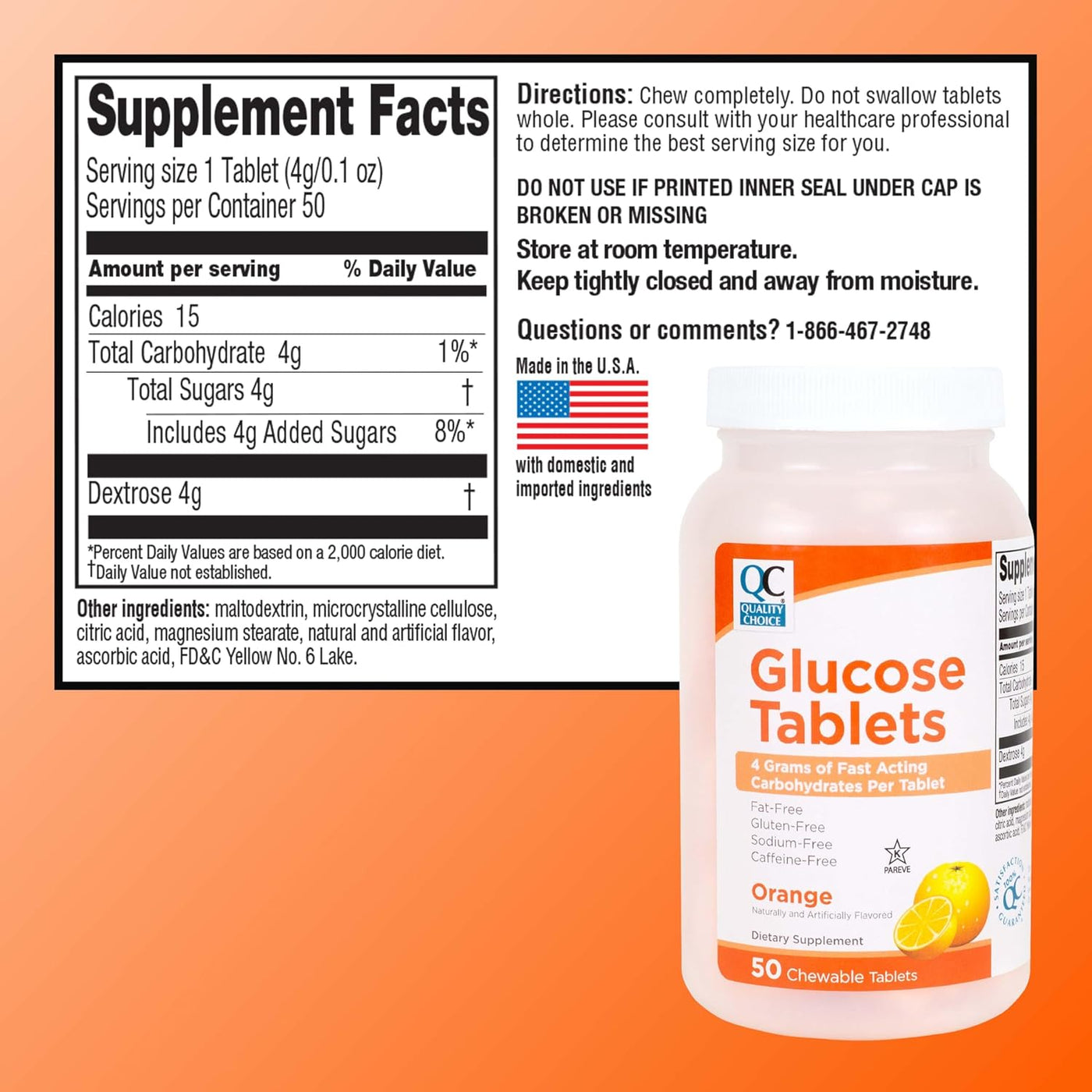 Quality Choice Tabletas de glucosa de acción rápida Sabor naranja 5...