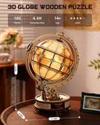 ROBOTIME ST003 - Rompecabezas de madera 3D para adultos, globo luminoso con rotación automática, kit de construcción de rompecabezas 3D de madera con luz LED, luz nocturna modelo globo para adultos