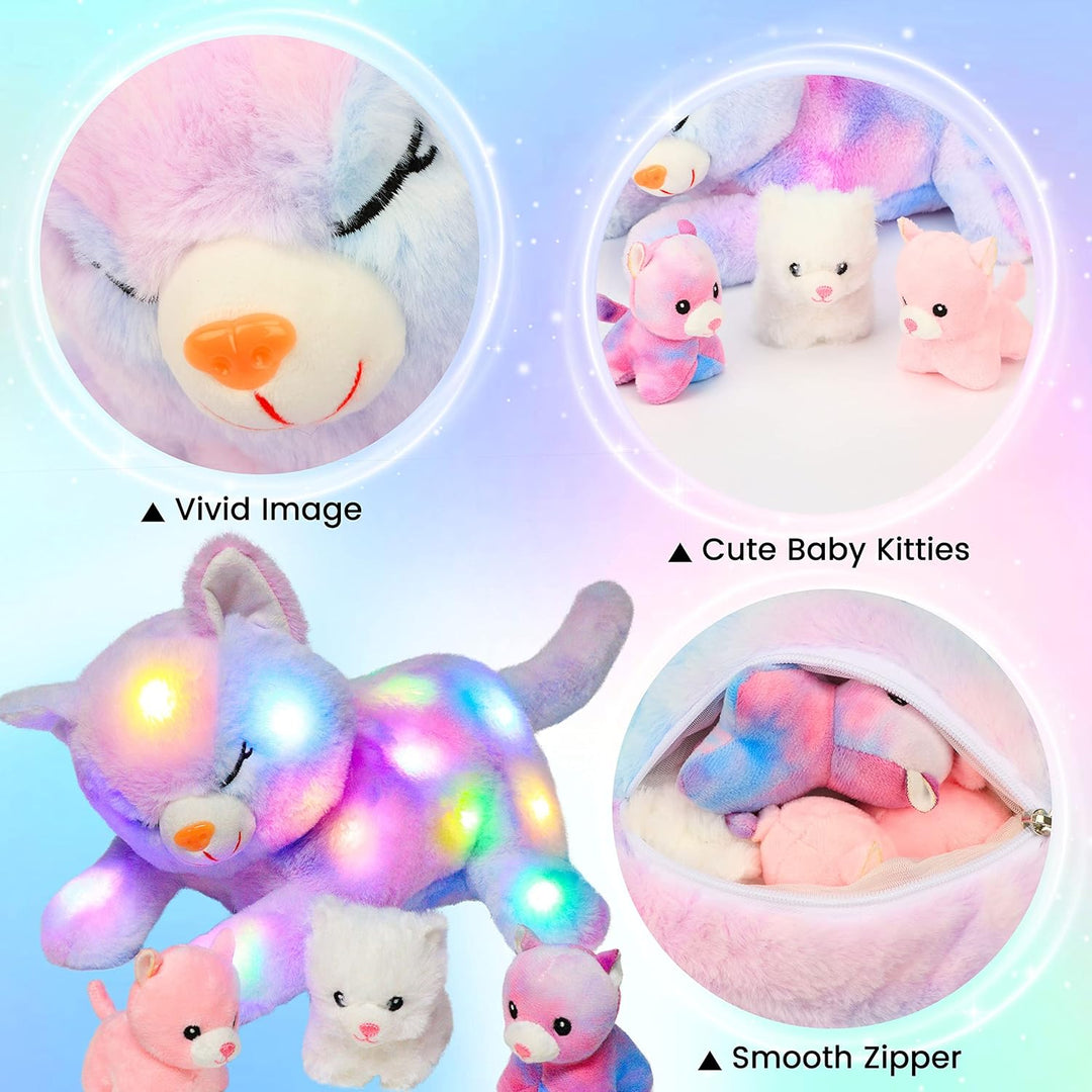 Hopearl Gatito de peluche con luces LED, mamá gato iluminada con 3...