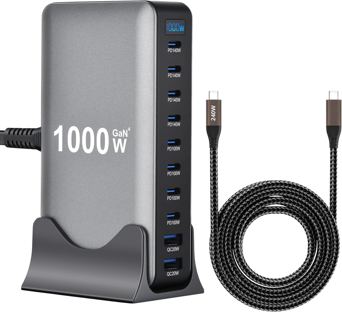 Estación de carga de escritorio GaN 4 de 1000 W y 10 puertos con cable de datos de 240 W y 6.6 pies, compatible con tabletas, teléfonos, portátiles, consolas de juegos, auriculares