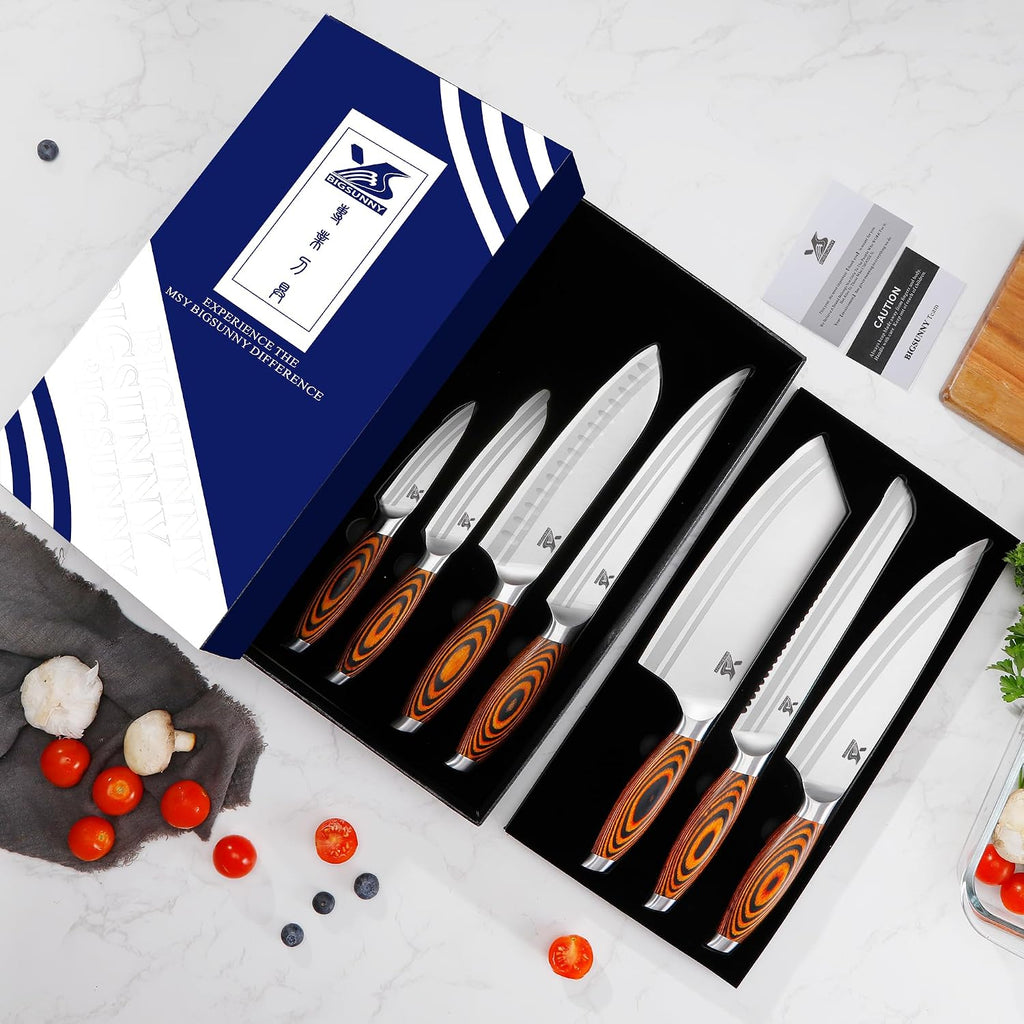 Juego de cuchillos de cocina de 7 piezas, acero inoxidable alemán para cuchillos de chef con mango de madera de Pakkawood, juego de cubiertos perfecto para regalo