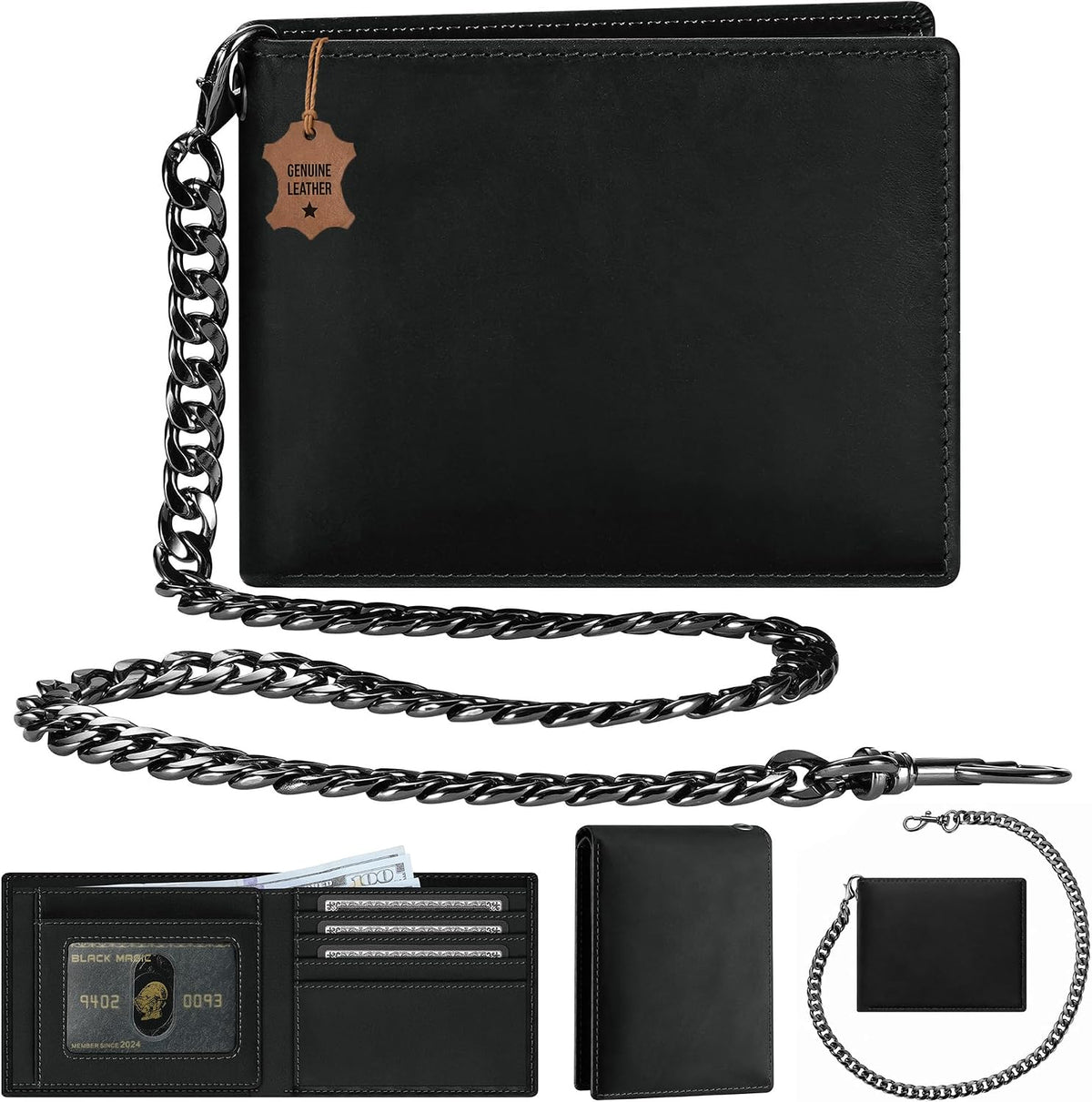 Billetera de Cuero Genuine con Cadena para Hombres: Billetera RFID con Cadena Antirrobo