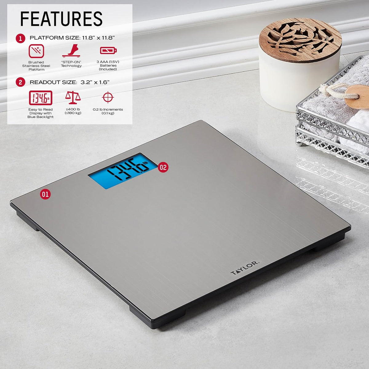 Taylor - Báscula digital para peso corporal, alta capacidad de 400 libras, plataforma de vidrio fino de acero inoxidable cepillado, LCD azul único, plataforma duradera, 11.8 x 11.8 pulgadas