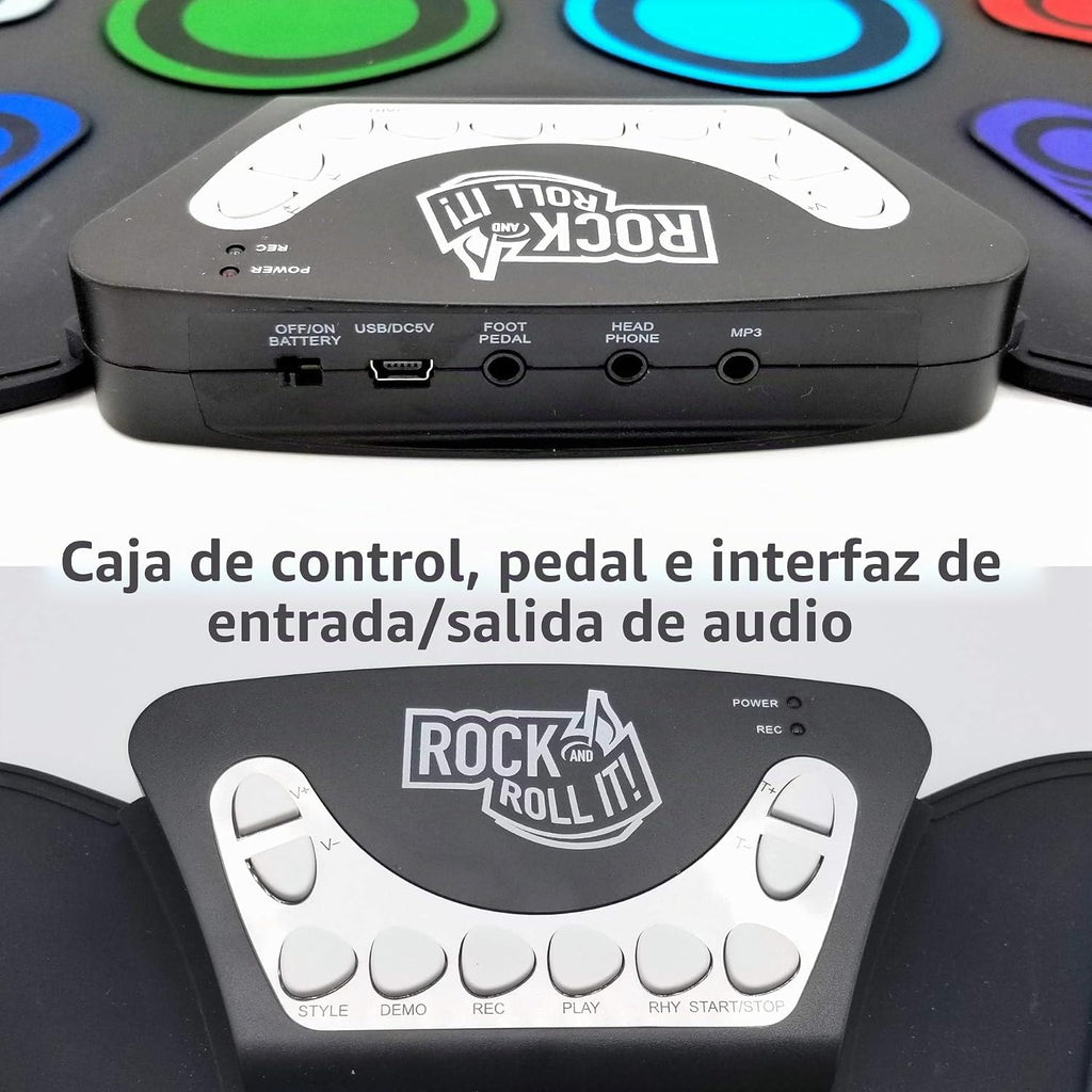 Rock And Roll It - CodeDrum. Juego de batería portátil enrollable para niños y adultos. Almohadilla electrónica de silicona arcoíris | Auriculares | Pedales | Baquetas | Folleto de ritmo de
