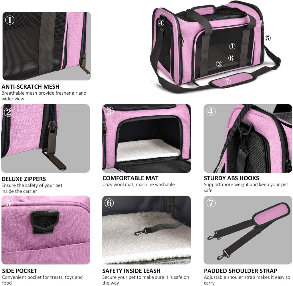 Henkelion Transportador para Mascotas para Gatos, Perros y Cachorros Pequeños y Medianos de hasta 15 Libras, Aprobado por TSA y Aerolíneas, con Lados Blandos, Plegable para Viaje - Rosa