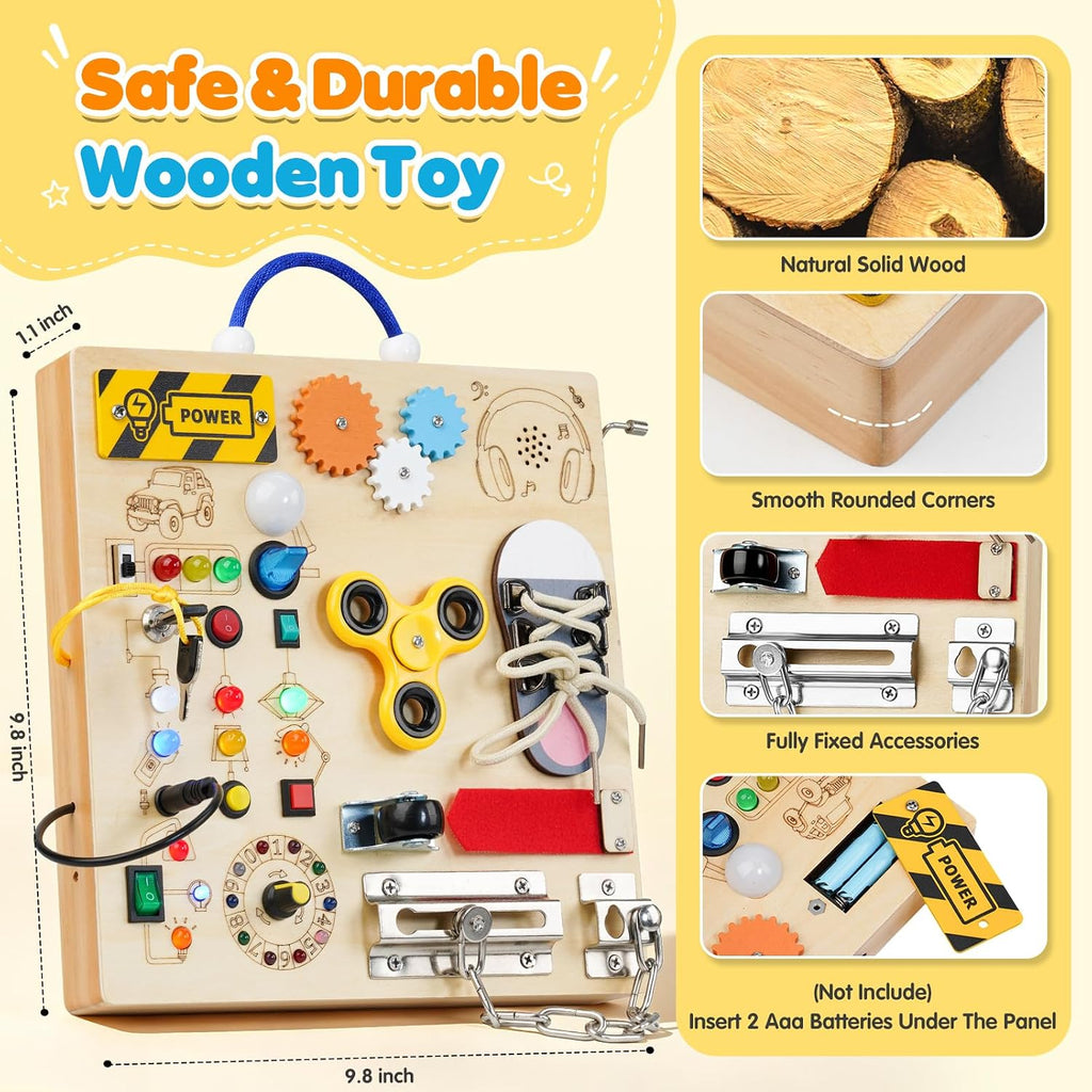 Tablero de actividades para niños pequeños - Juguetes Montessori para niños de 1, 2, 3 años, tablero de actividades sensoriales de madera, juguete de tablero antiestrés con interruptores y cajas de