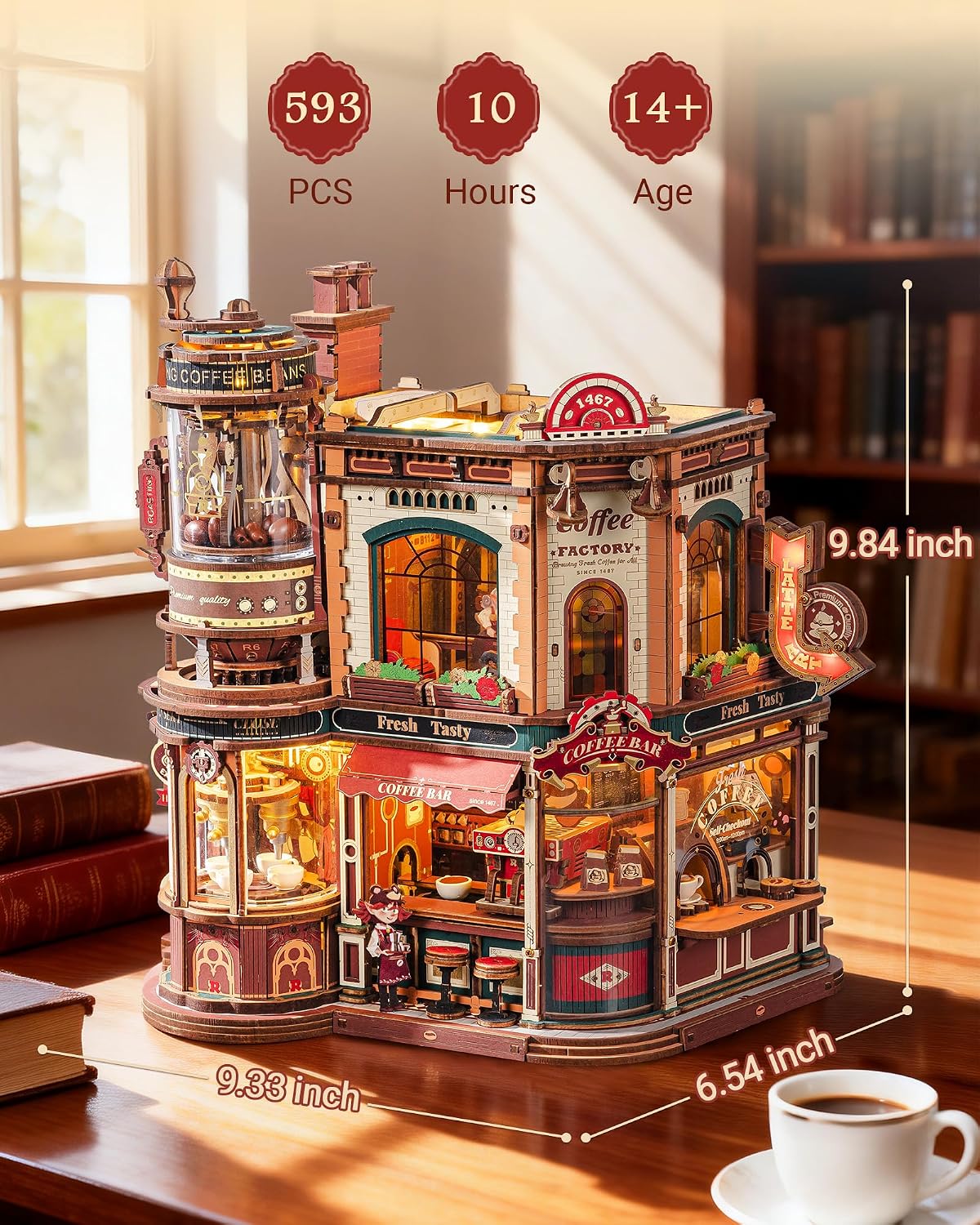 ROKR Dream Coffee Factory, modelo de caja de música de madera, rompecabezas mecánicos 3D de madera para adultos, kit de construcción con luces LED móviles, kit de casa en miniatura, regalo de