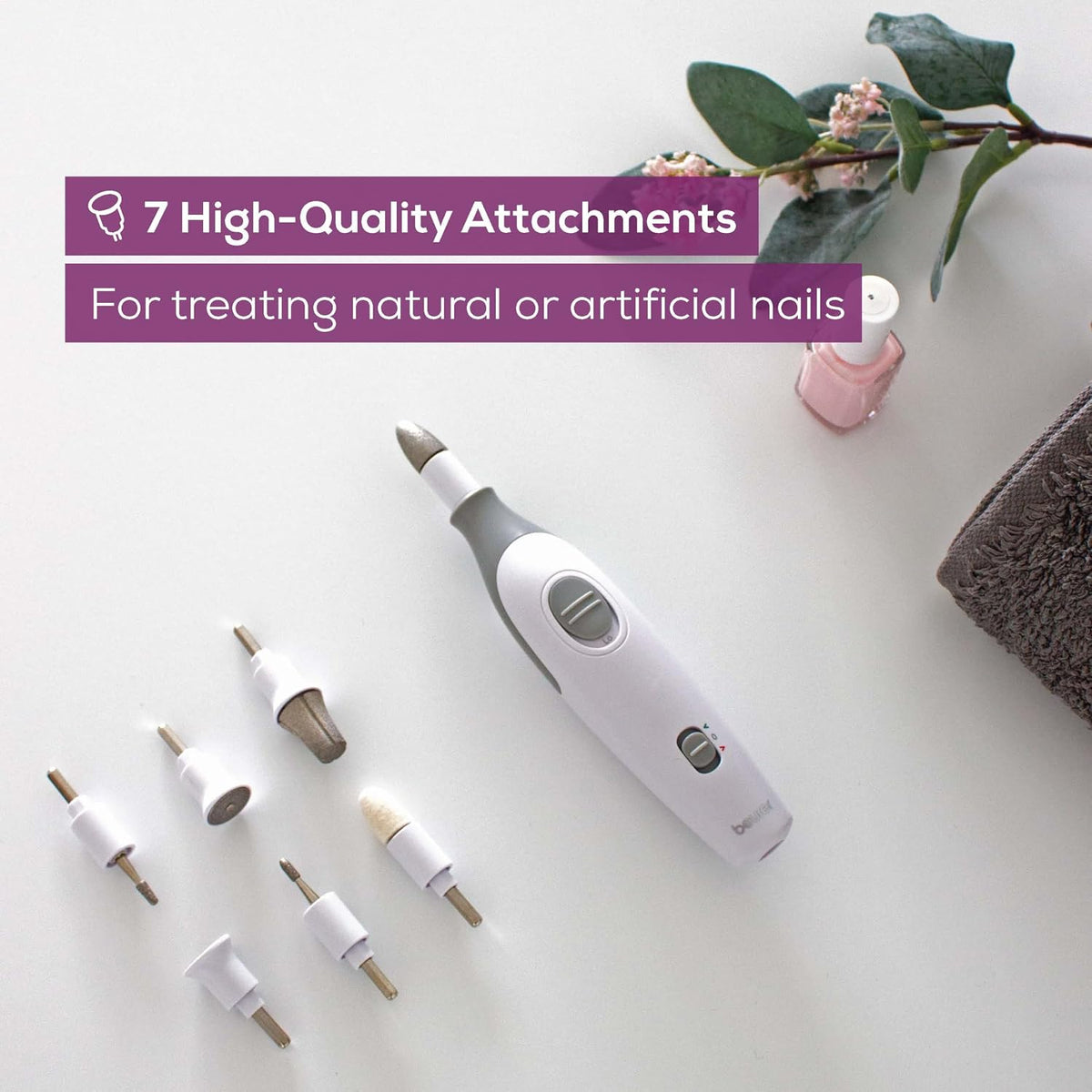 Beurer MP32 - Taladro eléctrico de uñas con 7 accesorios, juego de manicura y pedicura con 2 niveles de velocidad y doble rotación para cuidado de uñas de calidad de salón en casa, incluye estuche de almacenamiento