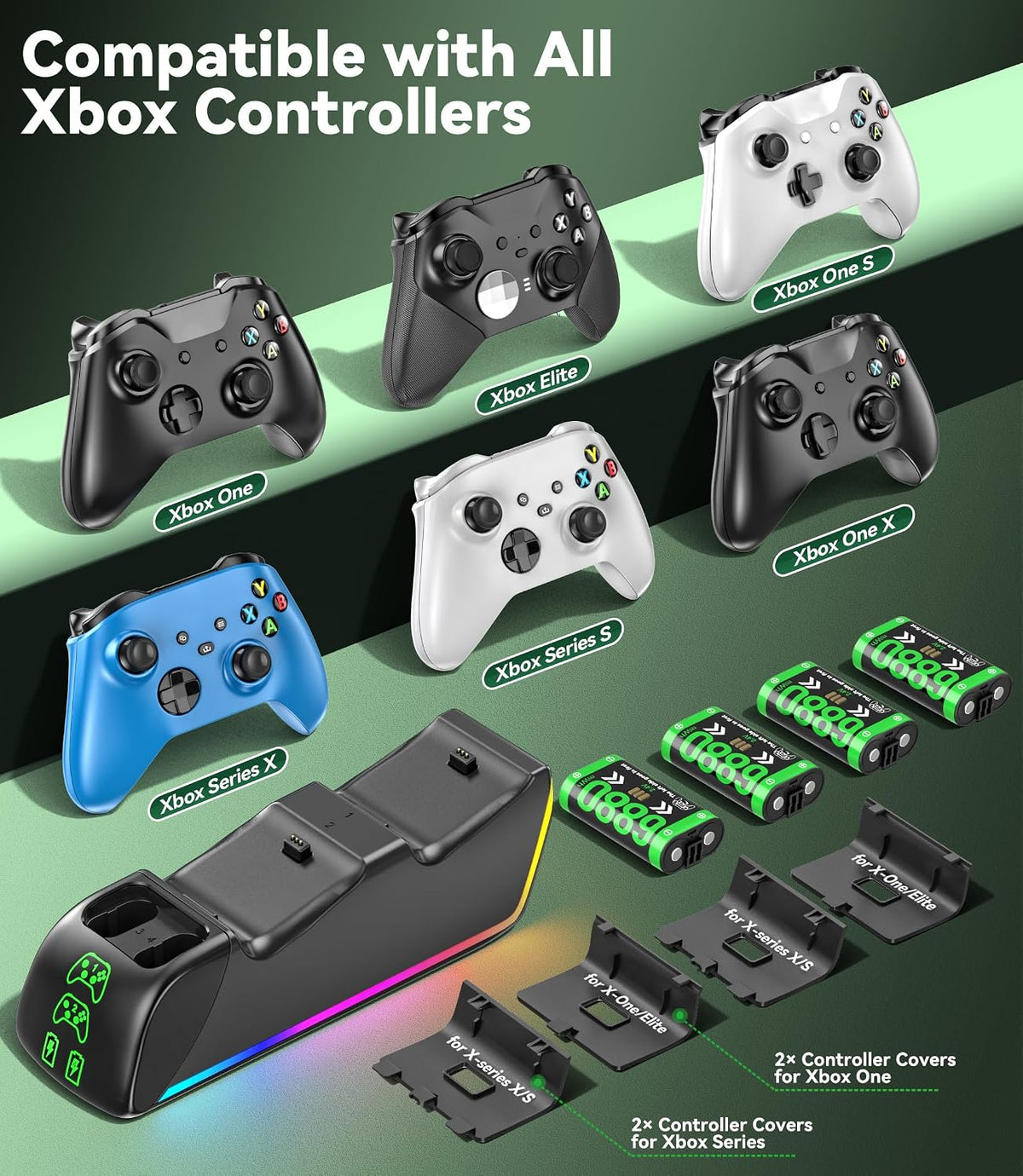 Cargador 4 en 1 para mandos Xbox Series/One X|S, con 4 paquetes de baterías recargables de 6880 mWh, carga controles remotos dobles y baterías simultáneamente, estación de carga cuádruple mejorada
