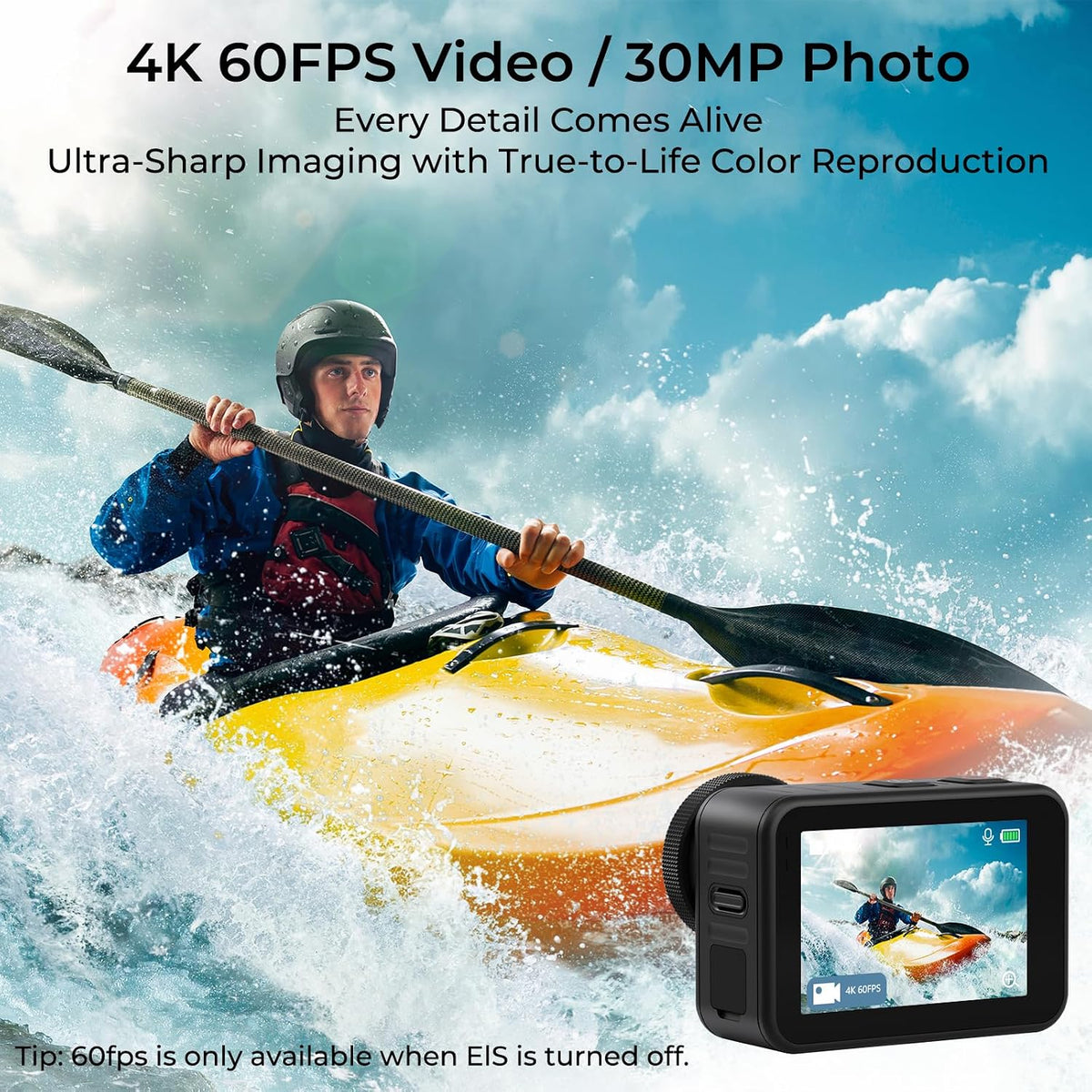 icefox Cámara de acción 4K 60FPS 20MP con 2 baterías de 2150 mAh, cámara subacuática con zoom 5X, EIS, alimentada por la aplicación Snappro, compatible con edición de video y fotos, impermeable