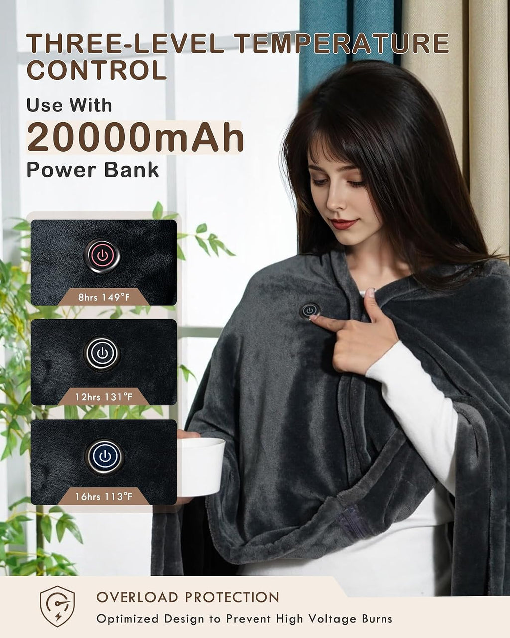 Manta térmica inalámbrica alimentada por batería; manta térmica portátil portátil portátil con capucha, batería de 20000 mAh, 9 zonas de calefacción, 3 niveles; chal térmico portátil sin cordón