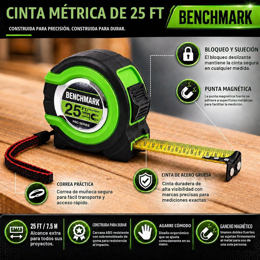 3 Pack - Cintas métricas de 25 ft - Fracciones fáciles de leer hasta 1/8 pulgada - Punta magnética - Puño y bloqueo rápido - Autovuelta - Clip de cinturón - Verde - Cinta métrica retráctil