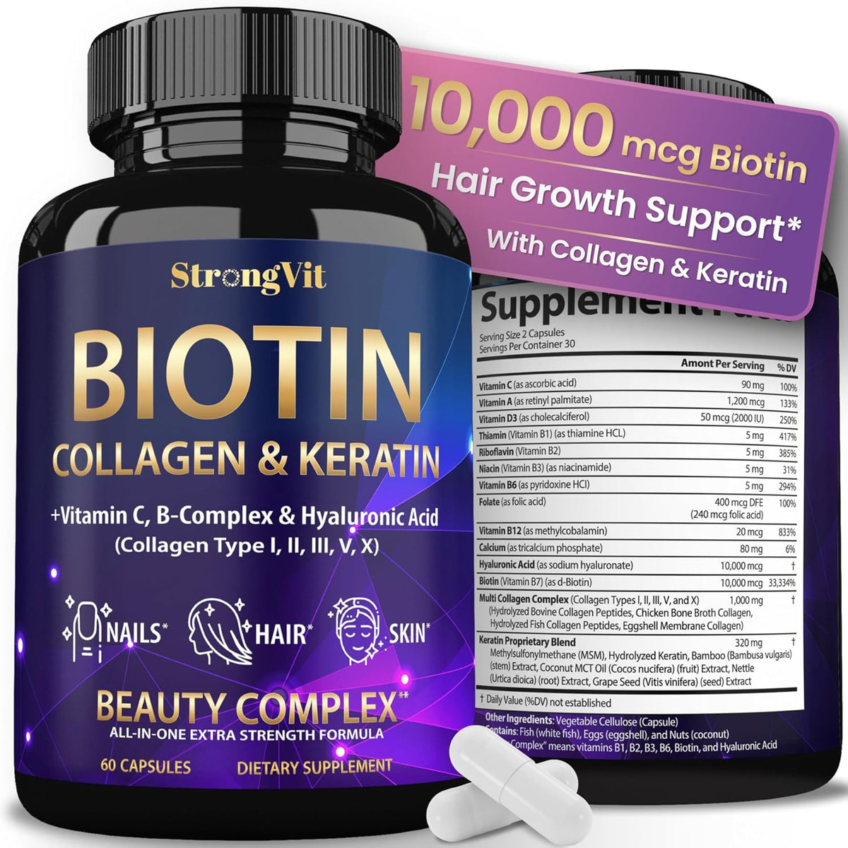 Biotina con ácido hialurónico, queratina y suplementos de colágeno...