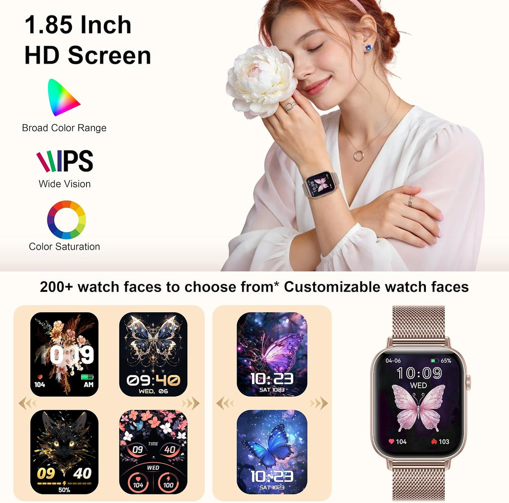 Reloj inteligente para mujer, rastreador de fitness HD de 1.85 pulgadas (respuesta/hacer llamadas/mensajes), más de 130 modos deportivos con frecuencia cardíaca 24/7/monitor de sueño/podómetro