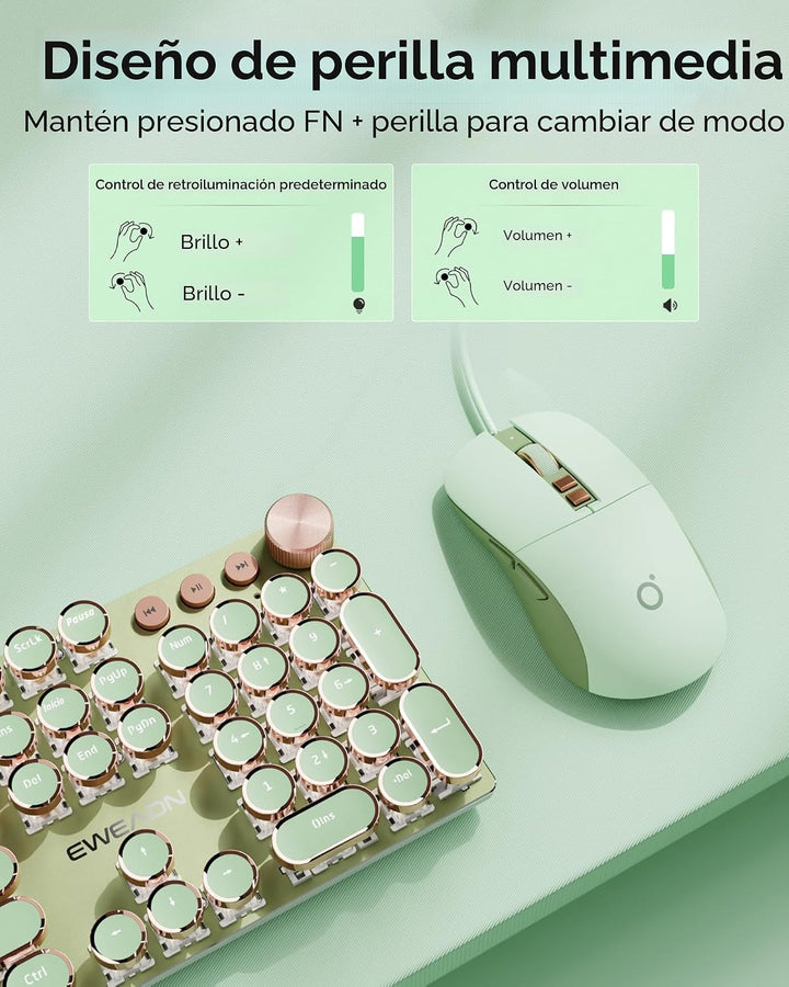 EWEADN Combo de teclado y ratón con cable estilo máquina de escribi...
