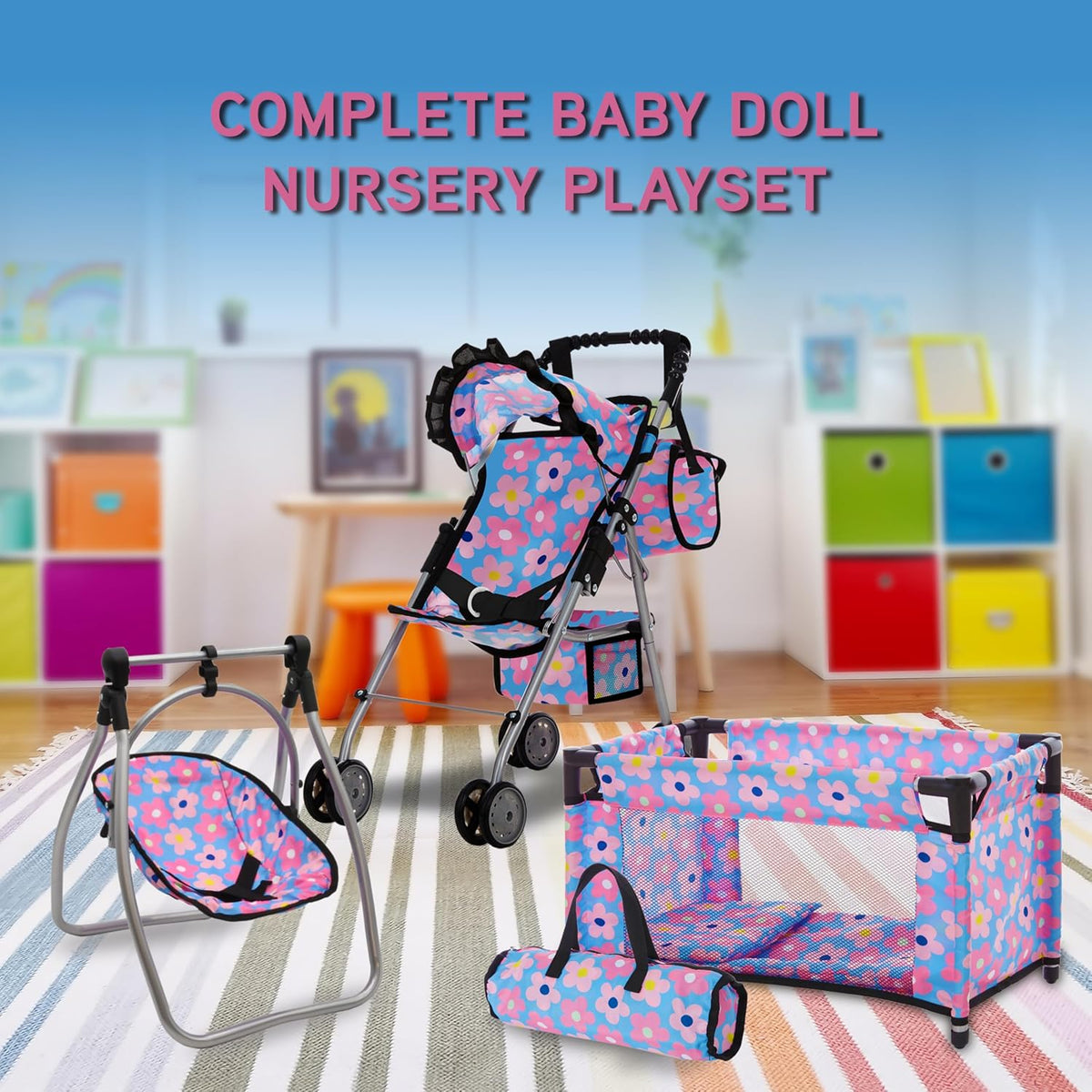 Juego de cochecito para muñeca bebé y columpio, juego de guardería