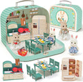 Juego de maletas de muebles de cocina para niños, 2 muñecas flexibles, mesa de comedor, utensilios de cocina, vajilla, refrigerador, pan, accesorios de casa de muñecas para juegos de simulación, regalo de Navidad y cumpleaños para niñas a partir de 3 años