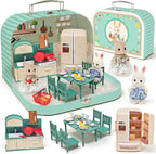 Juego de maletas de muebles de cocina para niños, 2 muñecas flexibles, mesa de comedor, utensilios de cocina, vajilla, refrigerador, pan, accesorios de casa de muñecas para juegos de simulación, regalo de Navidad y cumpleaños para niñas a partir de 3 años