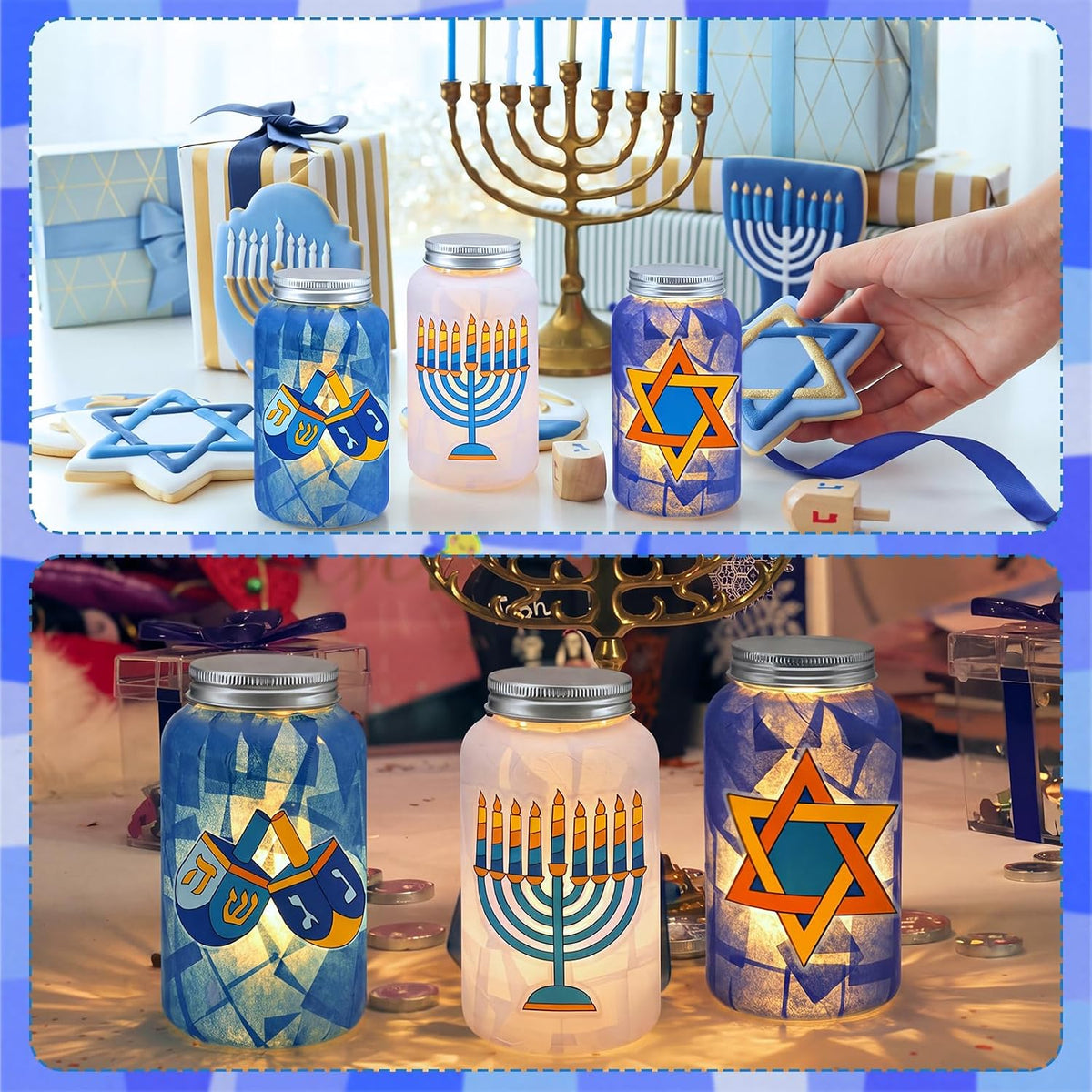 Qinyoung 12 Set Hanukkah Craft Mason Jar Craft con LED Candle Chanukah Set