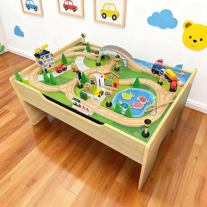 Juego de tren de madera y mesa con base de bloque de