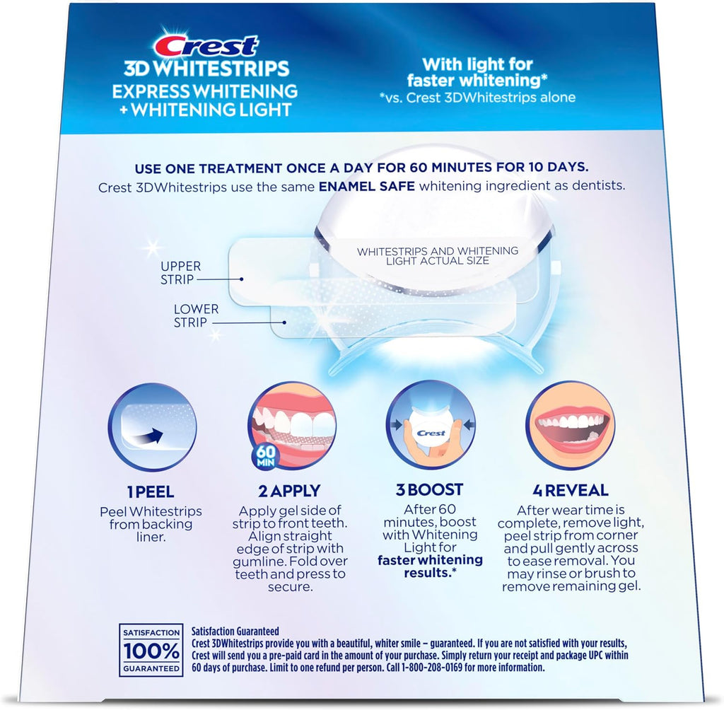 Crest 3D Whitestrips Express Blanqueamiento con luz, Whitestrips 3D White, 10 Unidades