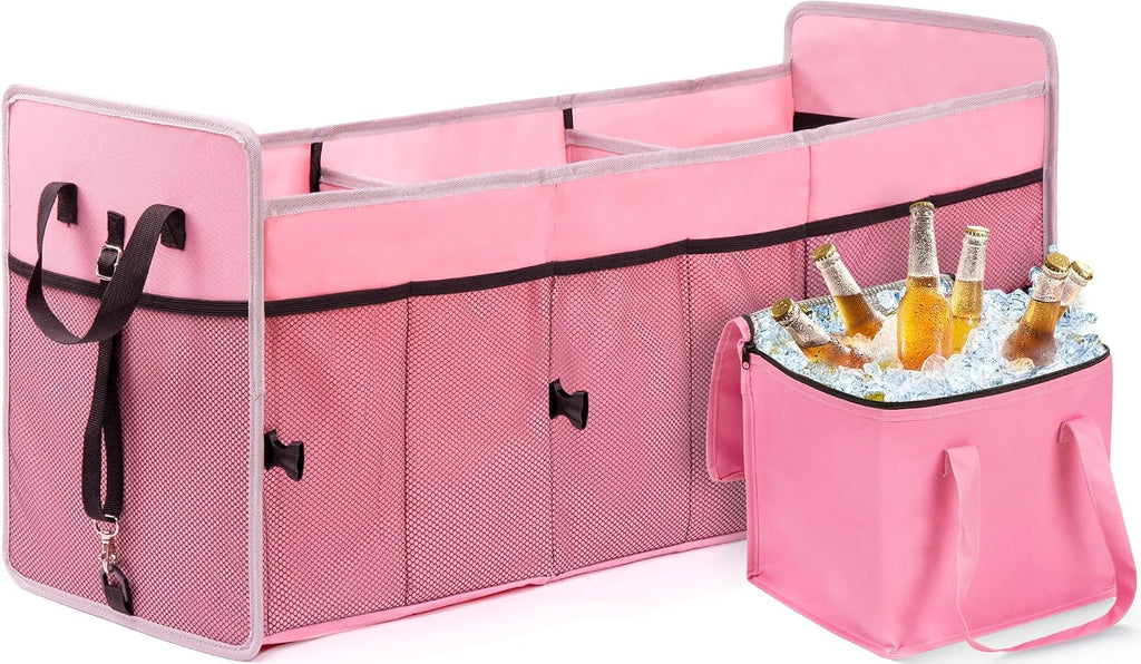Organizador de maletero de automóvil con bolsa enfriadora individual, organizador de maletero de 3 compartimentos para automóvil, organizador de almacenamiento plegable para SUV (rosa)