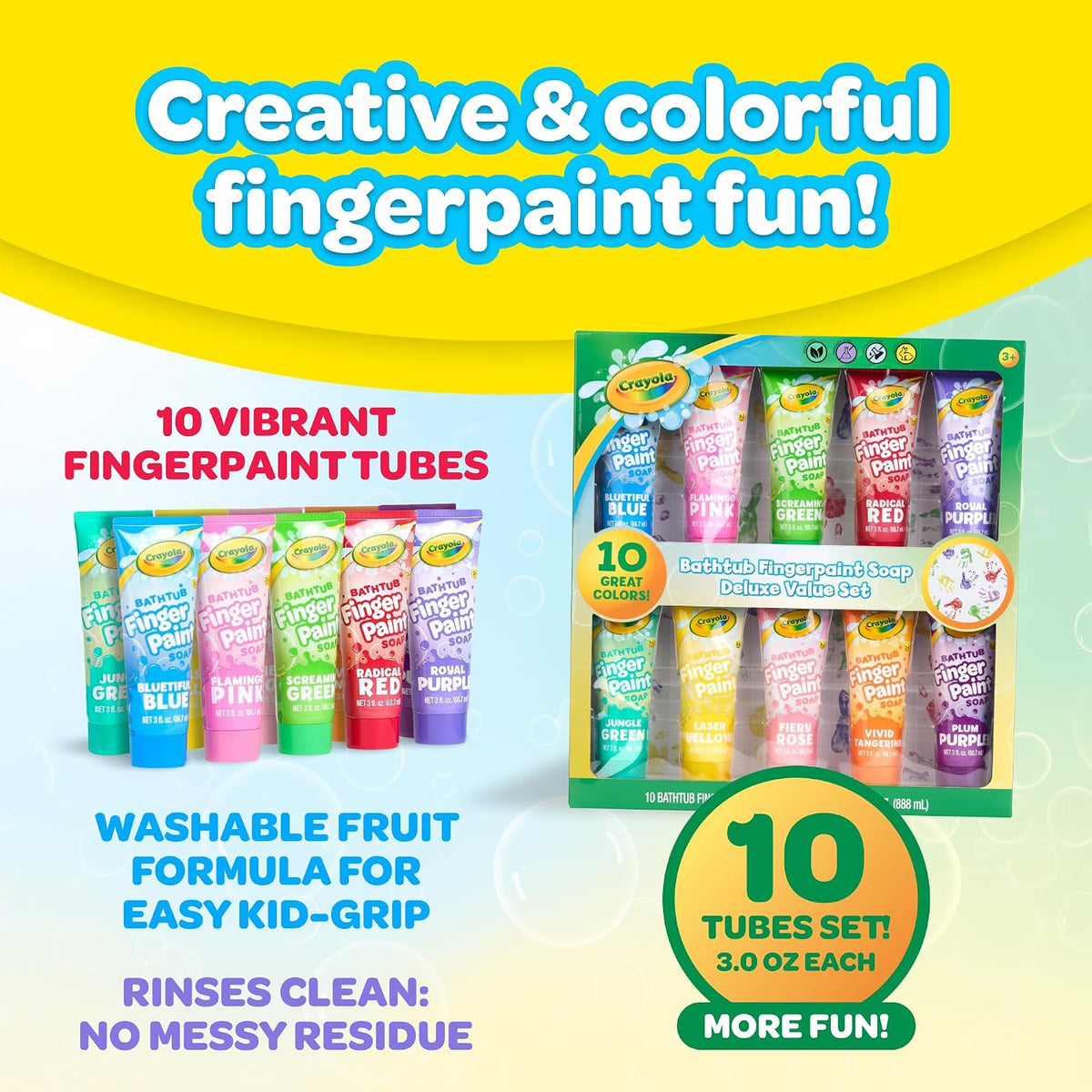 Crayola Juego de 10 piezas de pintura de dedos para bañera para niños, tubos de 3 onzas de pintura de jabón lavable, no tóxico, sin manchas, juguetes de baño para niños