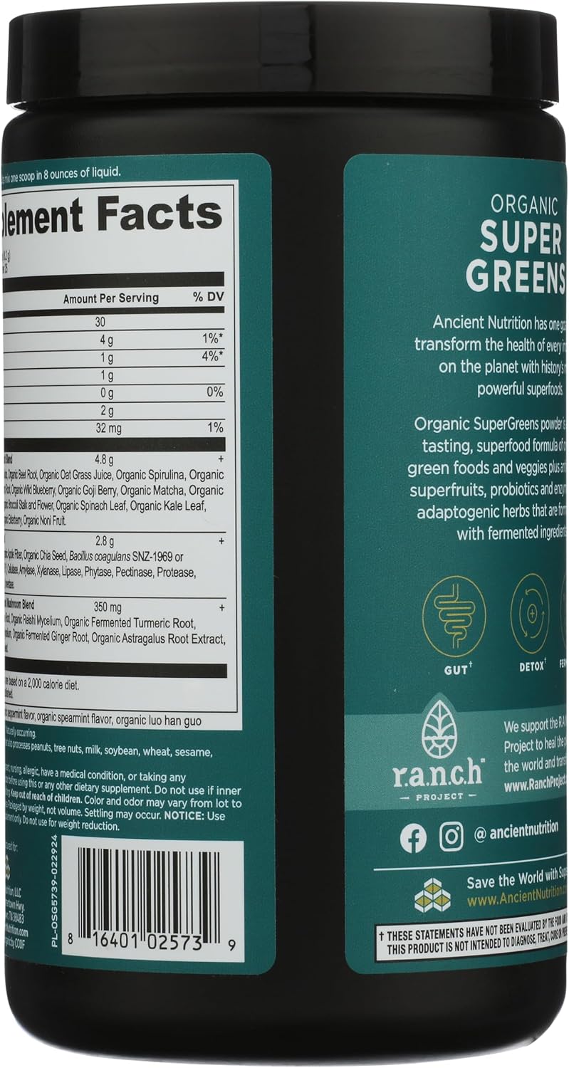 Ancient Nutrition SuperGreens Polvo con Probióticos, Sabor a Menta...