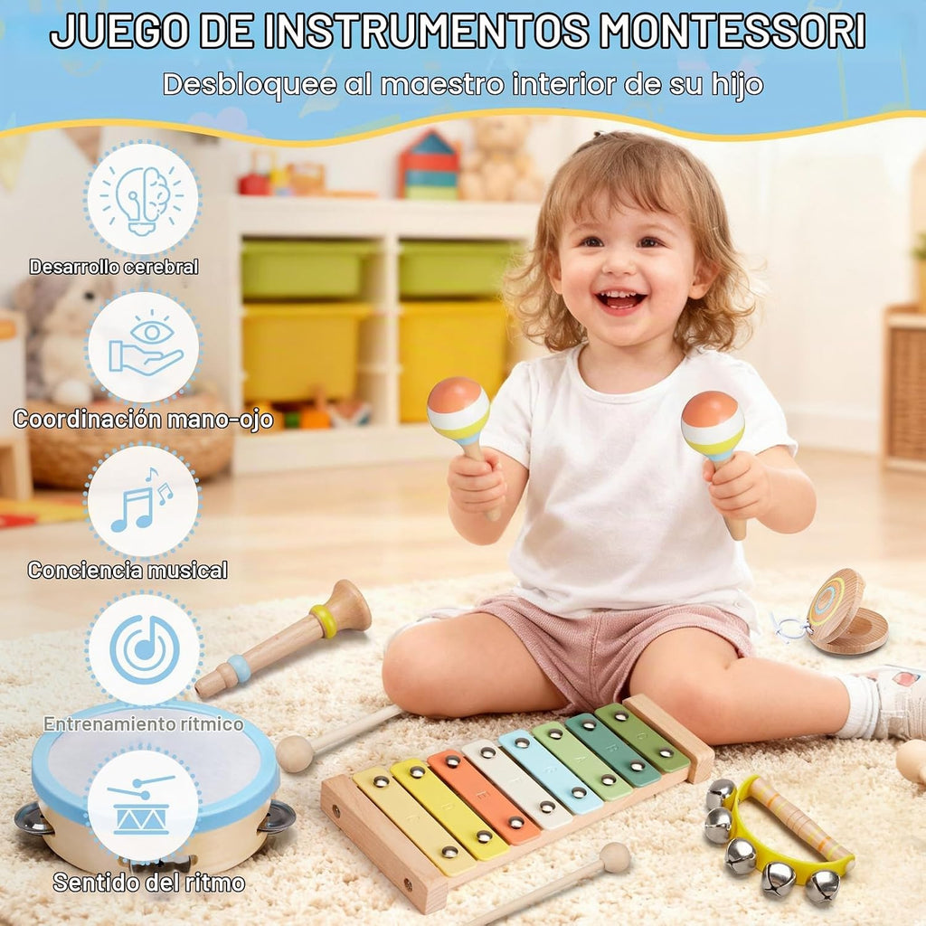 Ehome - Juego de instrumentos musicales Montessori de madera para niños y niñas de 3, 4, 5, 6 años, kit de música de percusión de color neutro con tambor, xilófono, bolsa de almacenamiento, regalo de aprendizaje de cumpleaños