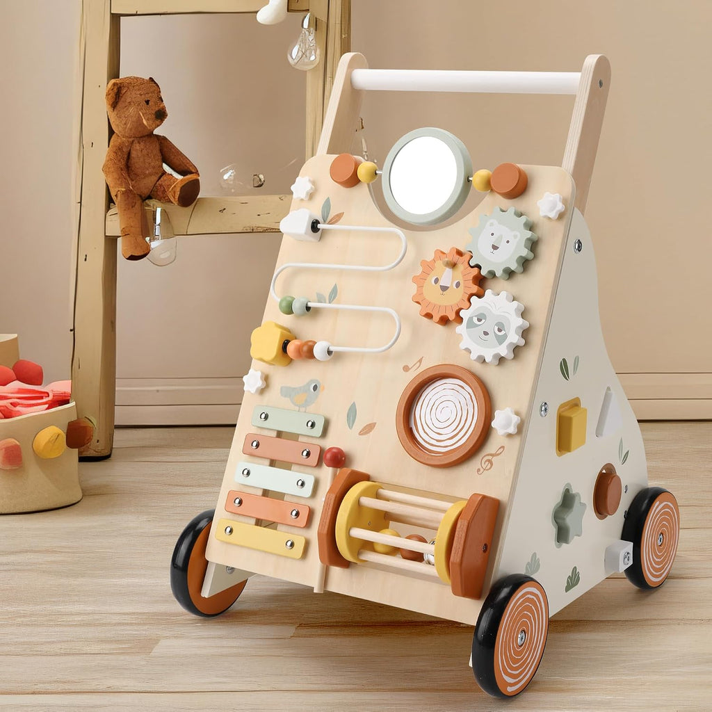 Andador de madera para bebés, andador de empuje para bebés con centro de actividades para niñas y niños, juguetes Montessori Push Walker para bebés que aprenden a caminar, sentado a pie, para 10-12 meses, 1, 2, 3 años