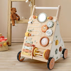 Andador de madera para bebés, andador de empuje para bebés con centro de actividades para niñas y niños, juguetes Montessori Push Walker para bebés que aprenden a caminar, sentado a pie, para 10-12 meses, 1, 2, 3 años