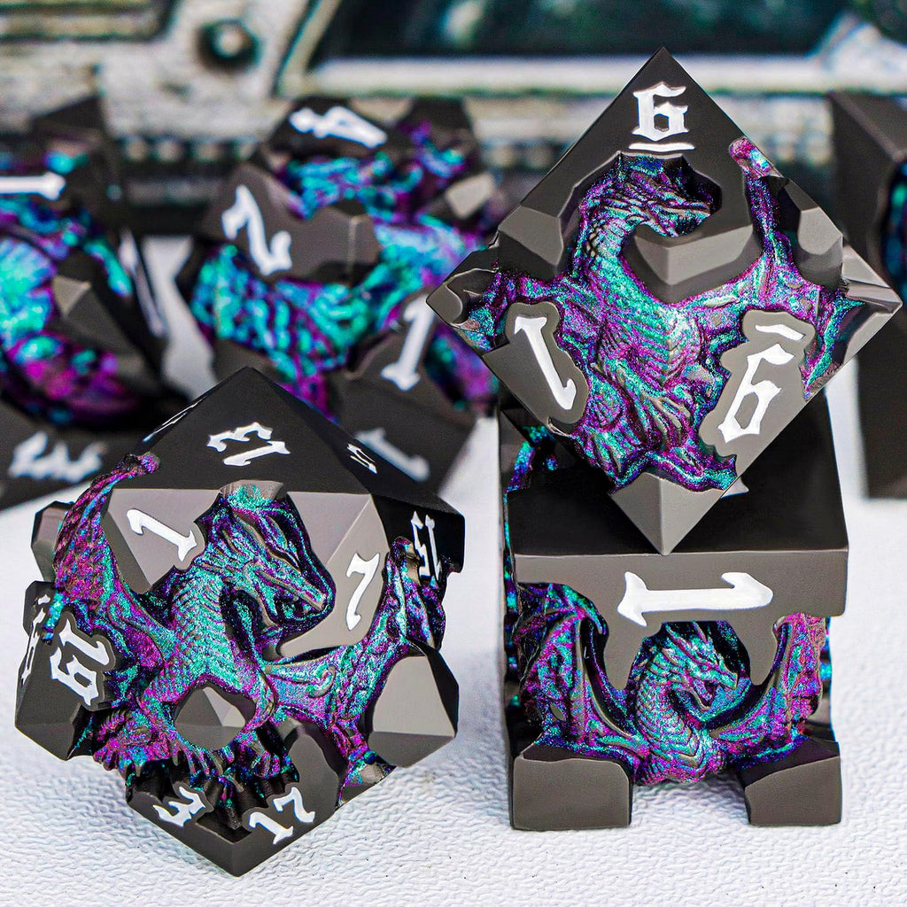 Juego de dados DND de dragones 3D con caja de regalo, dados D y D de metal para uso con juegos de rol D&D, juego de dados poliédricos de mazmorras D20 D12 D10 D8 D6 D4 (morado verde)